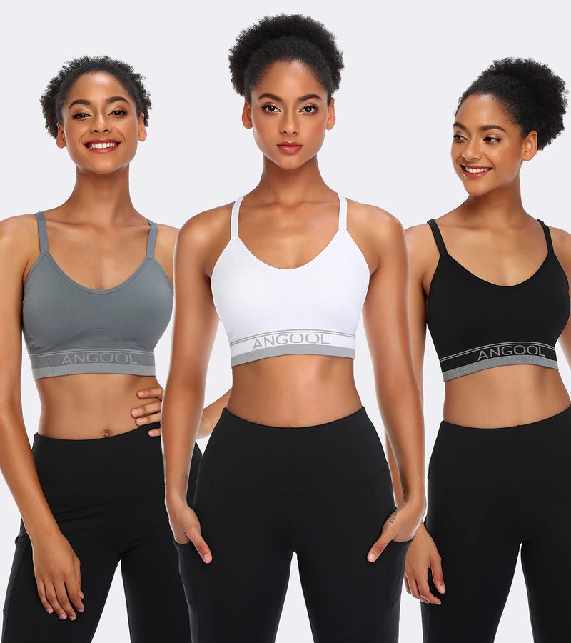 ANGOOL Strappy Sports Bra for Women, Longline Medium Support Yoga Bra Wirefree Padded Sports Bra with Adjustable Straps White 3 Pack - Image 2